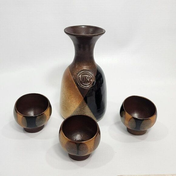 Robert Maxwell 7.5"  VINO Pottery Craft Decanter With 3 Cups Midcentury Modern - Picture 1 of 12